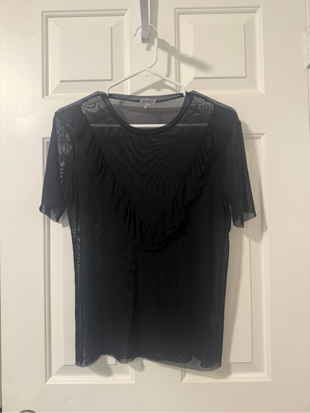 Black Sheer Ruffle V-Front Short Sleeve Tee